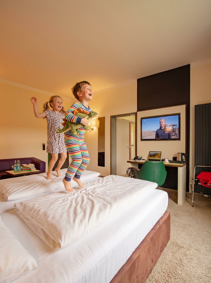 Fröhliche Kinder springen im Familienzimmer des Parkhotels Bad Rehburg